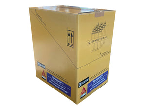 cardboard box with yellow and blue print