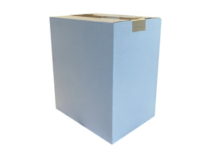 cardboard box printed white on the outside and taped up at top for demonstration purposes