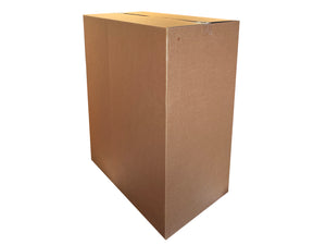 A large, plain, single wall carton, sealed shut with clear tape