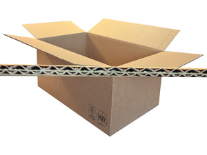 Open cardboard box with a visible brand logo on a white background