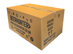 Cardboard box with 'Beerhunter' branding and warning labels on a white background