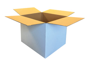 A white, plain, medium sized cardboard box measuring 346mm x 302mm x 268mm
