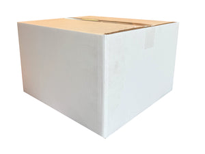 A closed, white cardboard box on a white background, sealed shut with clear packing tape.