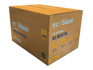 A closed cardboard box with ecoblaze firelighters branding printed on each panel