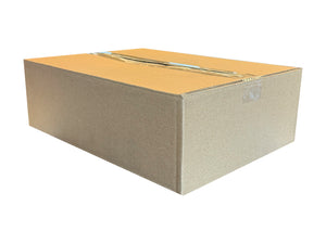 A closed cardboard box on a white background, sealed shut with clear packing tape