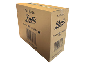 Cardboard box made to ship Boots sanitary towels on a white background