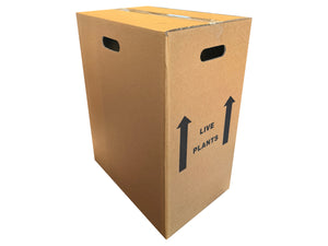 Cardboard box labeled 'Live Plants' on a white background