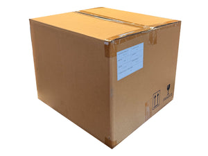 Cardboard box with a white label and fragile print on a white background.