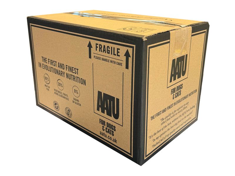 Cardboard box with AATU branding on a white background