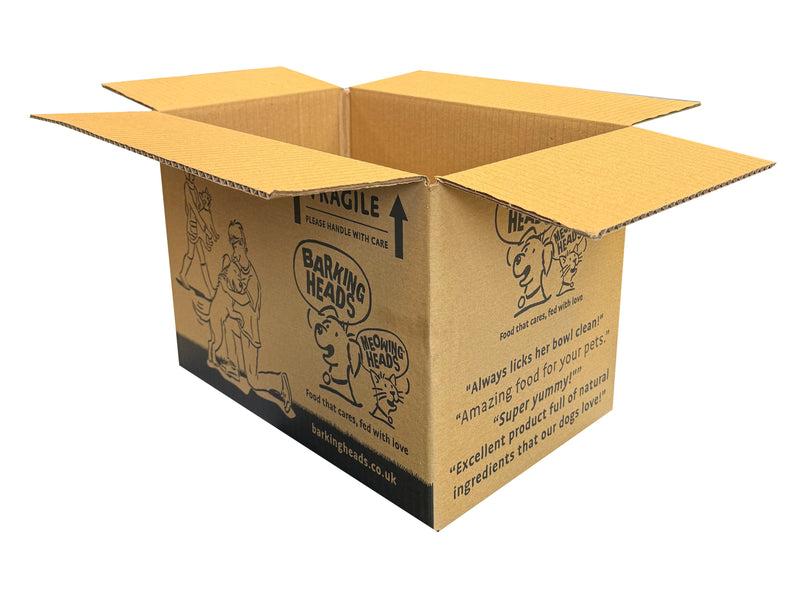 A cardboard box with 'Barking Heads' branding on a white background