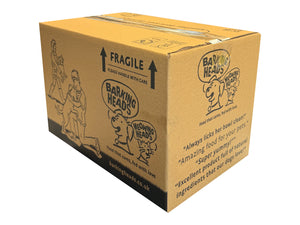 Cardboard box with 'Barking Heads' pet food branding on a white background