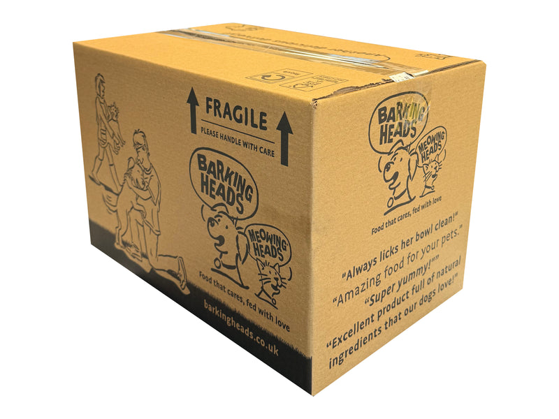 Cardboard box with 'Barking Heads' pet food branding on a white background
