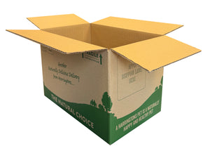 Cardboard box with a green printed design on a white background