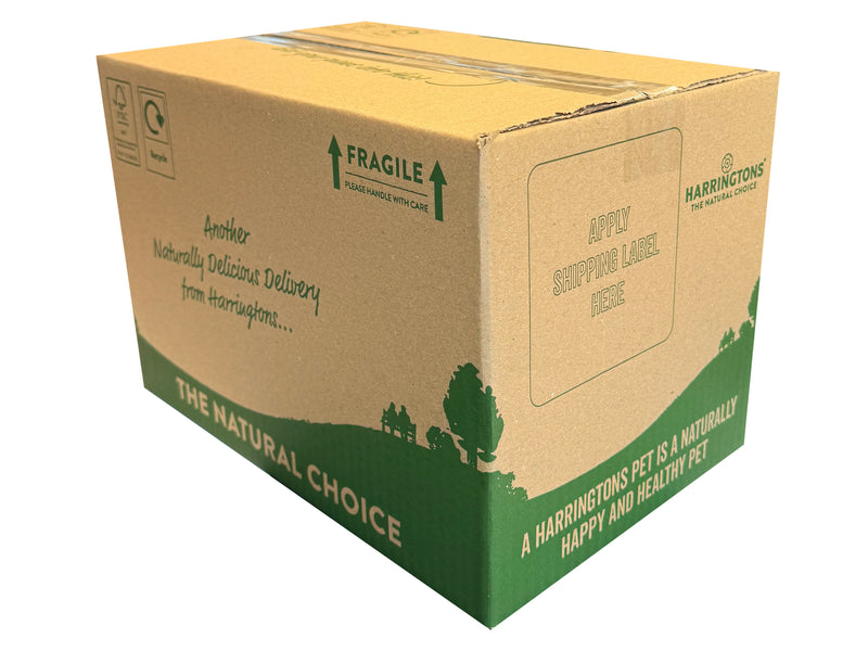 Cardboard box with green and brown design, featuring text and branding.