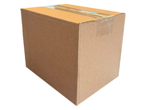 A small, low cost box, closed with clear tape, on a white backdrop