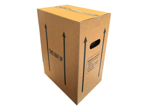 Cardboard box with 'This Way Up' label and 'up' arrows, on a white background