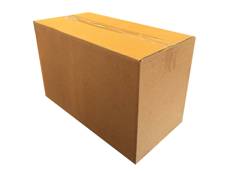 Brown cardboard box, sealed shut on a white background