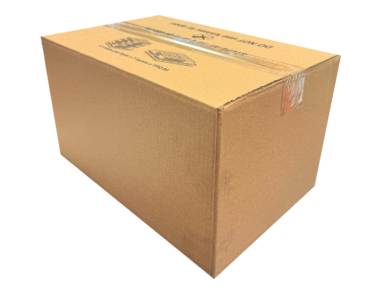 Cardboard box with storage, opening and palletisation instructions on the top flaps