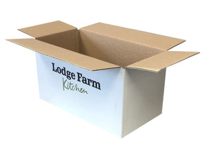 white cardboard box with print