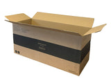 long cardboard box with black stripe print