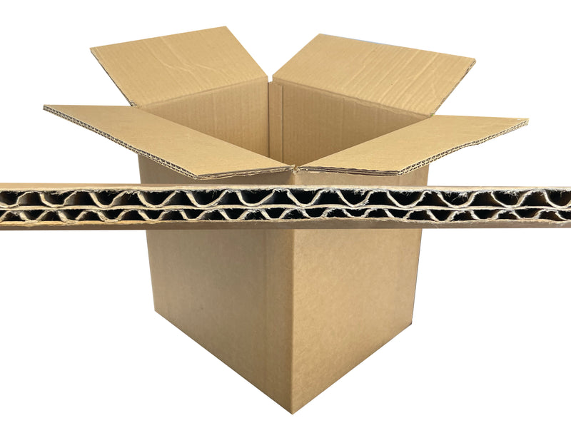 Open cardboard box with a corrugated cardboard flute overlayed, on a white background