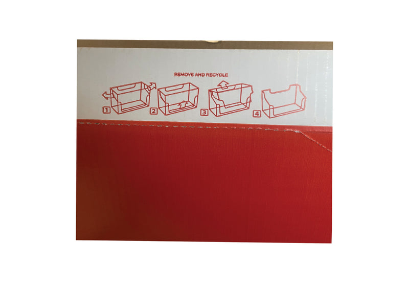 a flattened view of a red and white cardboard box