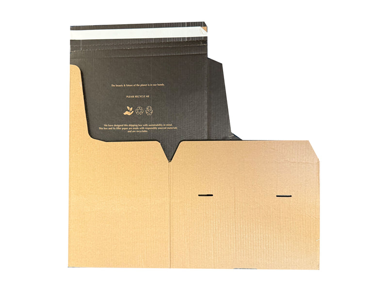 flat view of diecut box with black print on inside