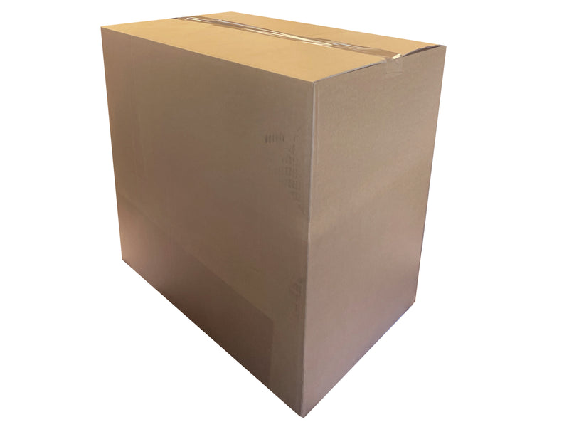 a box with flaps at top and bottom taped shut to demonstrate shape when packed