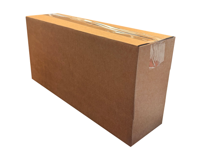 A closed boxes, sealed with clear tape, measuring 403mm x 112mm x 189mm
