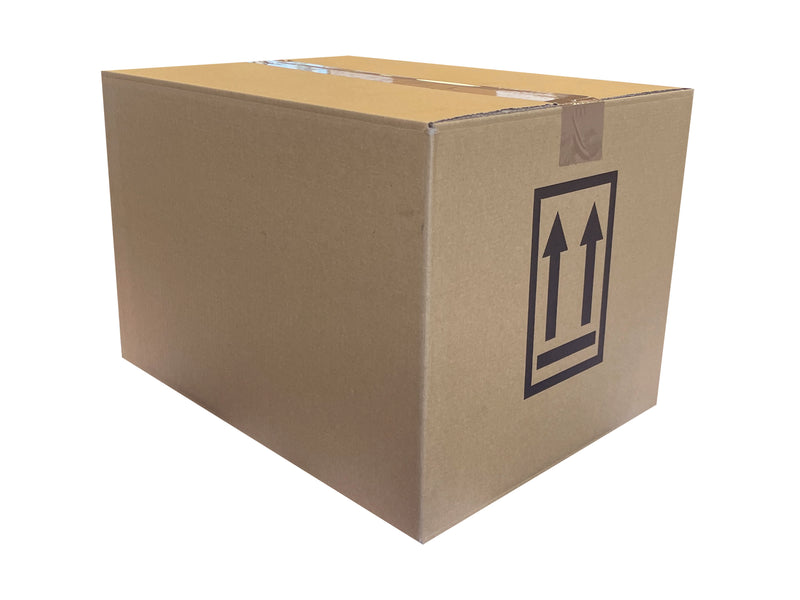 brown box with up arrows printed in black on the side panel