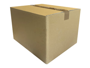a strong plain cardboard box with tape on the top showing visibly