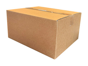 A medium sized packing box, sealed with packing tape