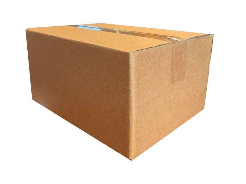 A plain, single walled box, closed shut with clear tape