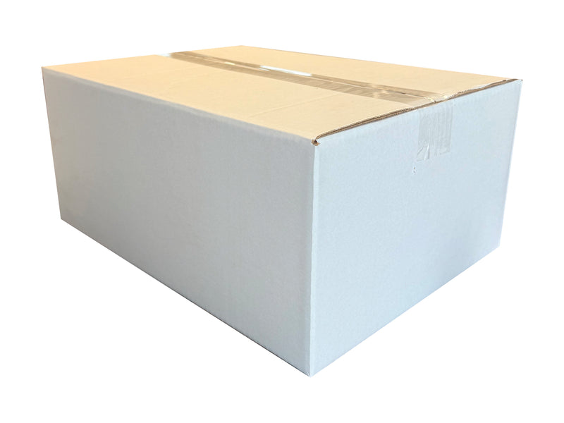 A white cardboard box, sealed with clear Sellotape