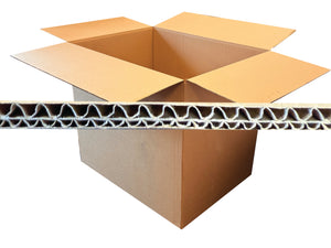Cardboard box with a cross-section showing corrugated cardboard layers on a white background