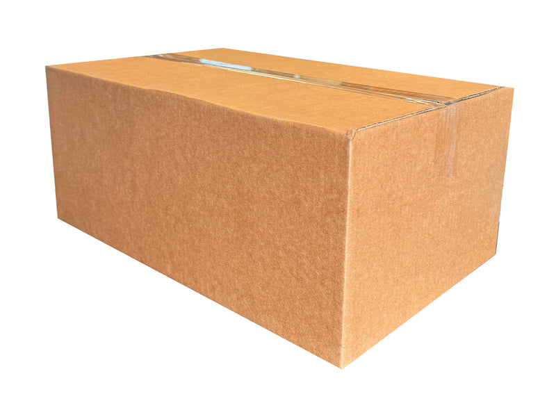 cardboard box taped shut with clear plastic tape