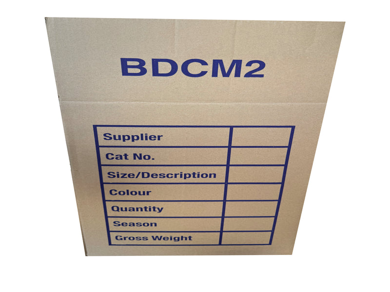 A BDCM2 box panel showing the various printed product identifiers