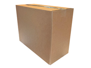 A Brown, plain cardboard box, closed shut with clear sellotape