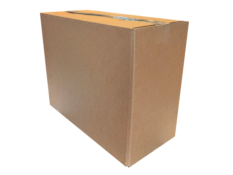 A Brown, plain cardboard box, closed shut with clear sellotape