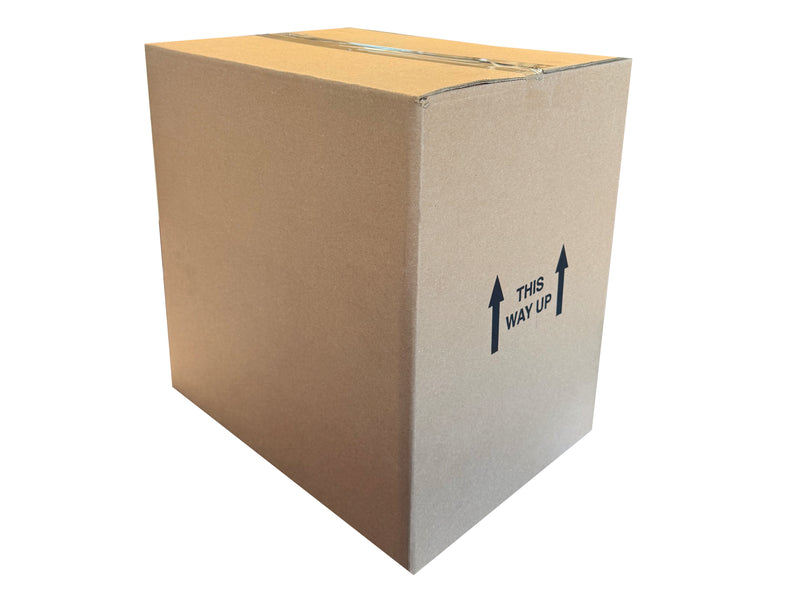 A Double wall cardboard box, taped shut, with 'This Way Up' label on a white background