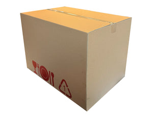 A closed box, made to pack catering equipment with red printed packing marks
