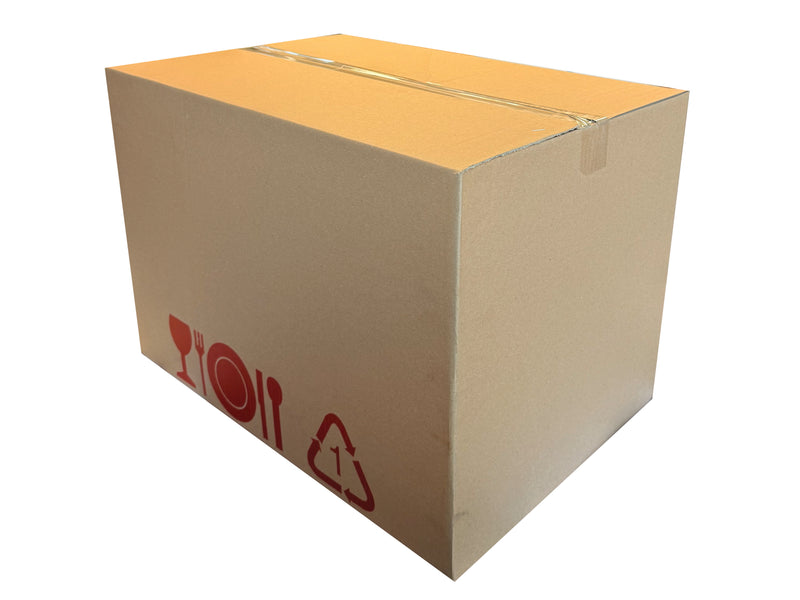 A closed box, made to pack catering equipment with red printed packing marks