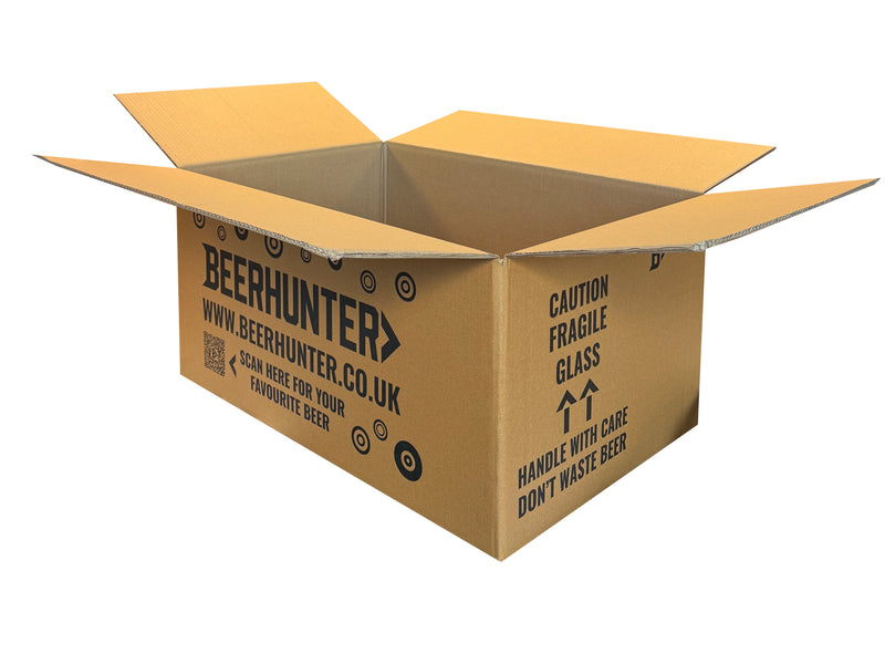 A printed, double wall cardboard box with Beerhunter printed on the side.