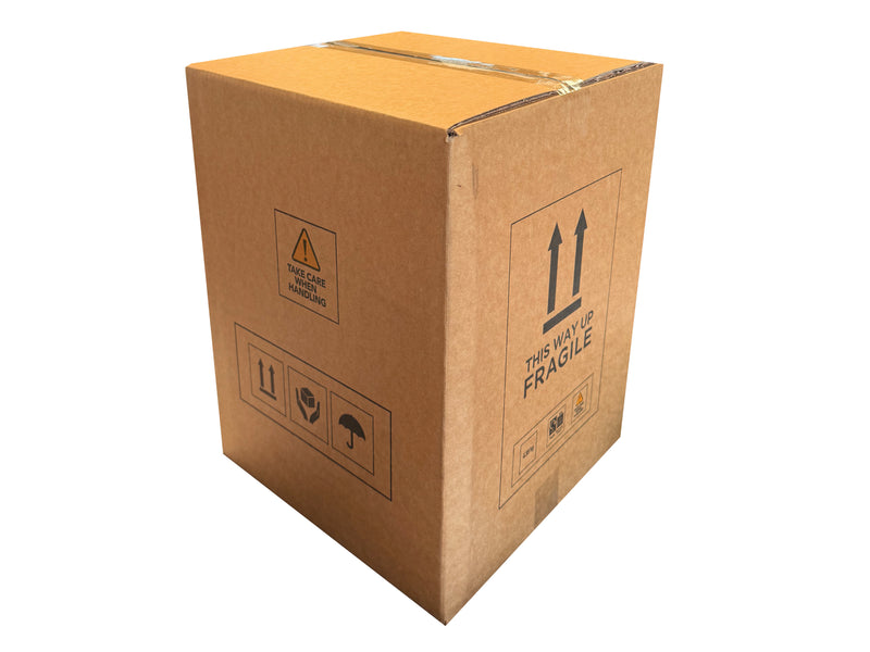 A closed brown cardboard box with fragile labels on a white background