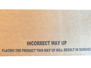 Warning label on a product packaging indicating incorrect orientation will cause damage.