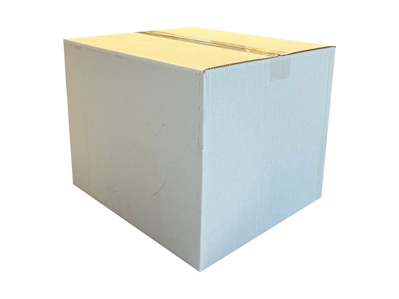 A white box measuring 346mm x 302mm x 268mm, closed shut with clear tape. 