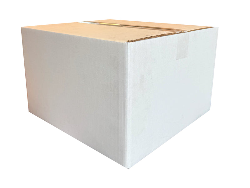 A closed, white cardboard box on a white background, sealed shut with clear packing tape.