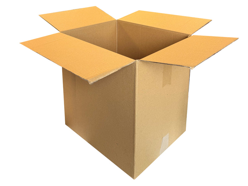 A plain, brown cardboard box opened, on white backdrop