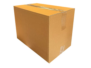 A closed, plain, brown cardboard box pictured on a white background
