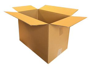 A plain packing box, with the top flaps open, on a white background.